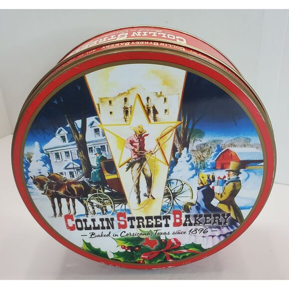 Collin Street Bakery Red Holiday Empty Tin 2.5" Tall x 8" Round Since 1896 - Picture 11 of 11